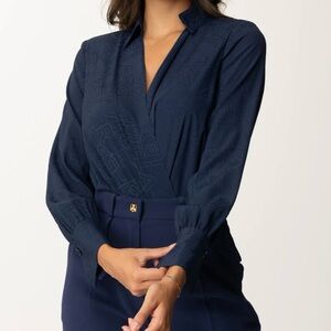 Chic Navy Women's Bodysuit Shirt with
Lettering and Wrap-Neck